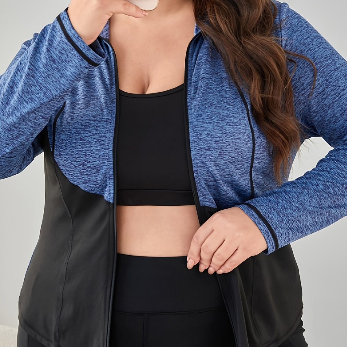 Colorblock High Neck Zipper Long Sleeve Sports Coat Plus Size
