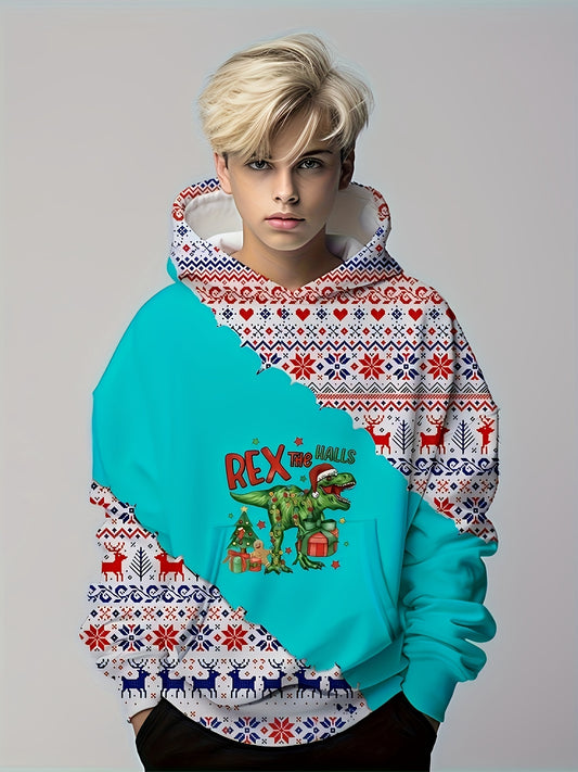 Christmas Dinosaur Print Boys Hoodie Lightweight Comfortable