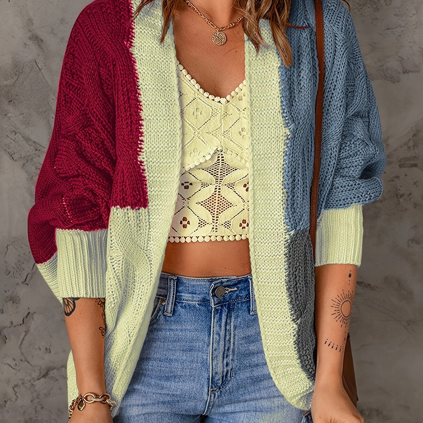  Colorblock Cable Bat Sleeve Cardigan