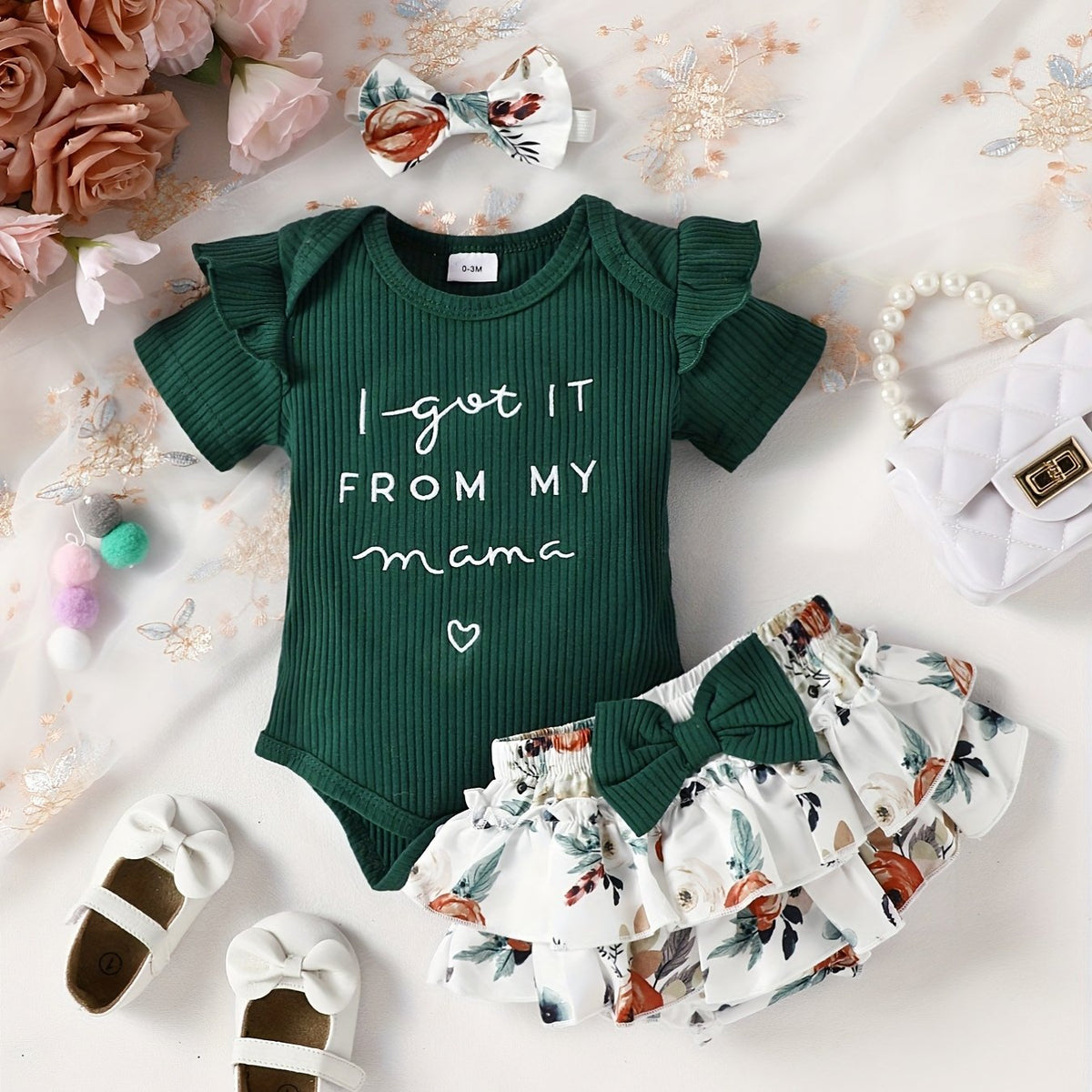 Cute 3-Piece Baby Girl Outfit: 'Mama's Girl' Onesie, Floral Shorts