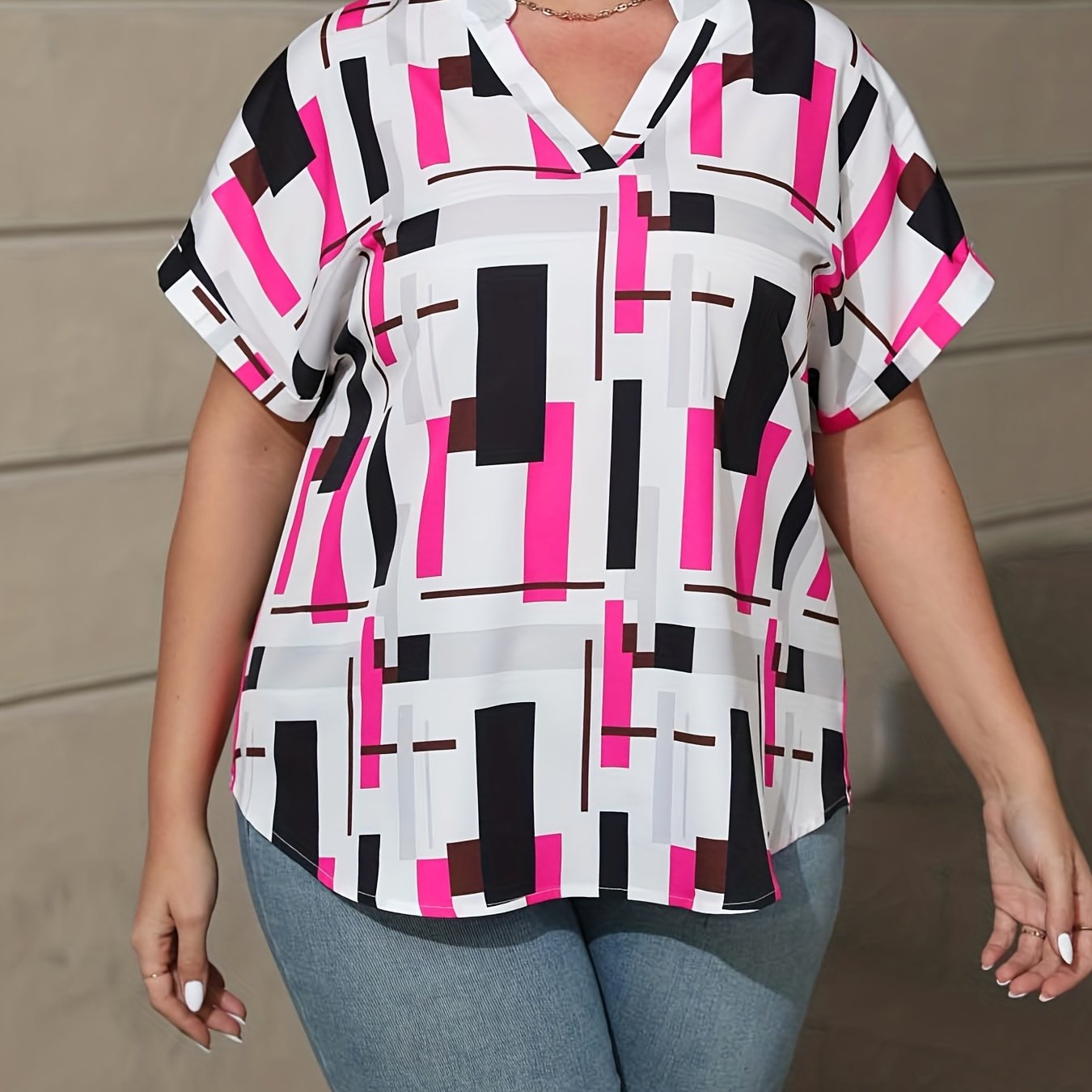 Geometric Print Short Sleeve Notched Neck Blouse