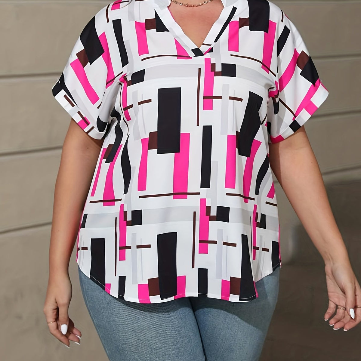  Geometric Print Short Sleeve Notched Neck Blouse
