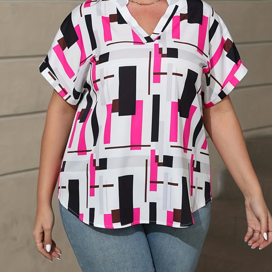  Geometric Print Short Sleeve Notched Neck Blouse