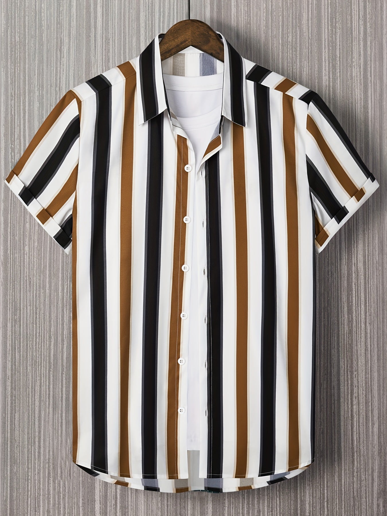 Vertical Stripe Print Men's Casual Short Sleeve Shirt