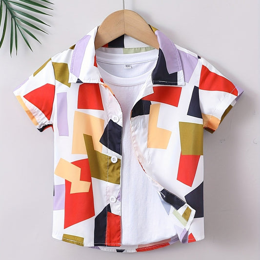 Geometric Print Boys Button Down Shirt Lightweight Short Sleeve Tee