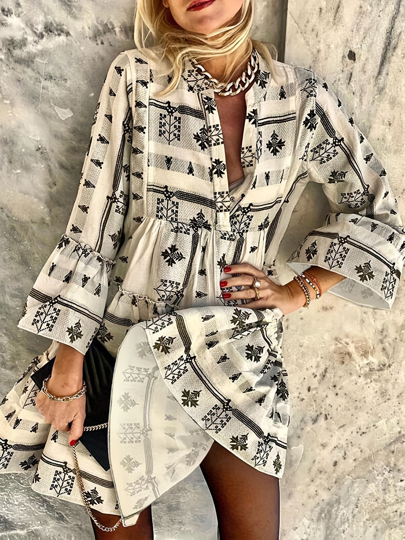  Geometric Print Boho Dress Bell Sleeve Mock Neck Smock Dre