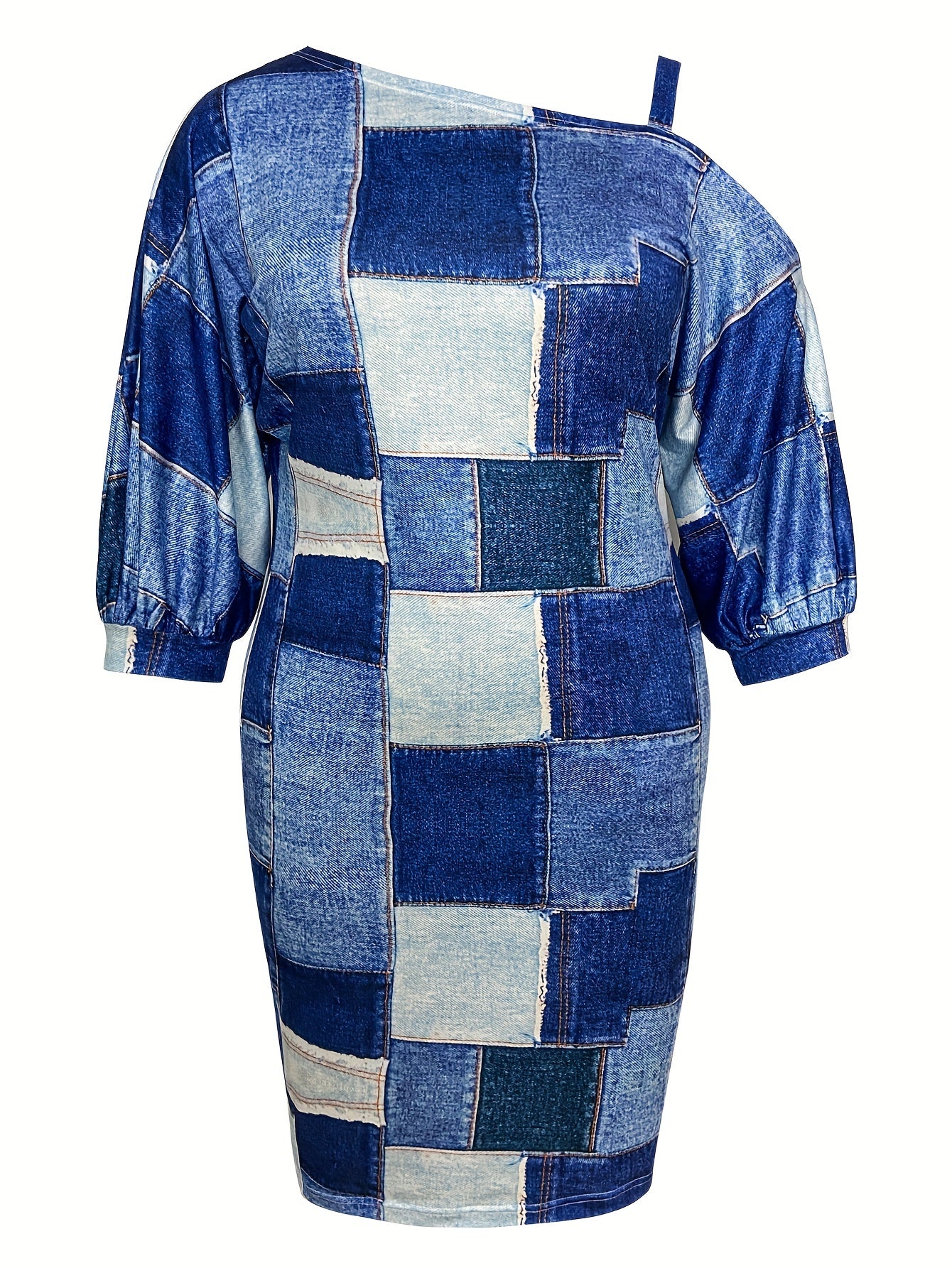  Denim Print One Shoulder Midi Dress