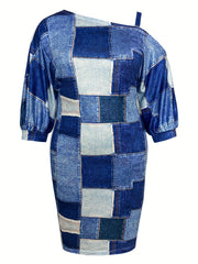  Denim Print One Shoulder Midi Dress