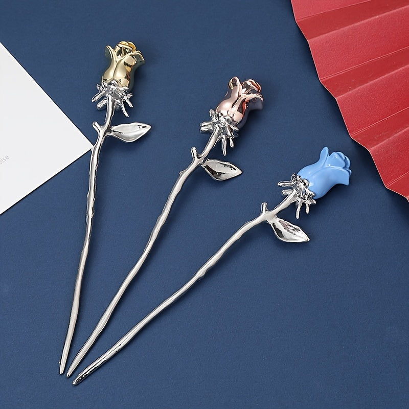 Silvery Rose Hairpin Hair Stick Ponytail Holder Hair Accessories