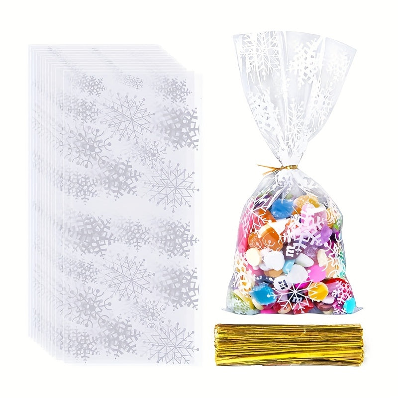 100pcs Snowflake Candy Bags Cellophane Gift Bags With Golden Ties