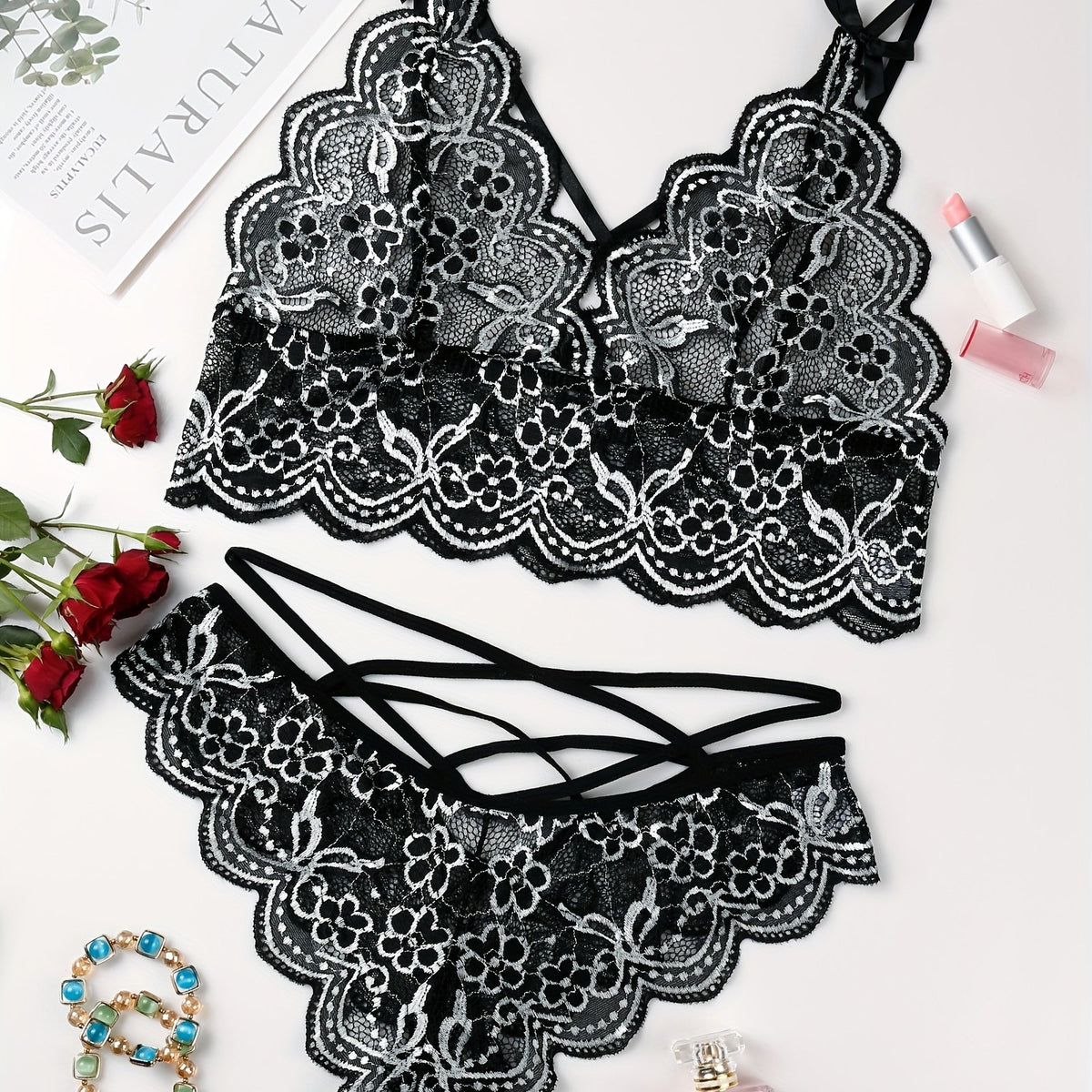 Floral Lace Lingerie Set - Sexy Bra & Cut Out Panties