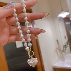 Faux Pearls Beads Necklace Heart Shape Pendant Lovely Neck Jewelry