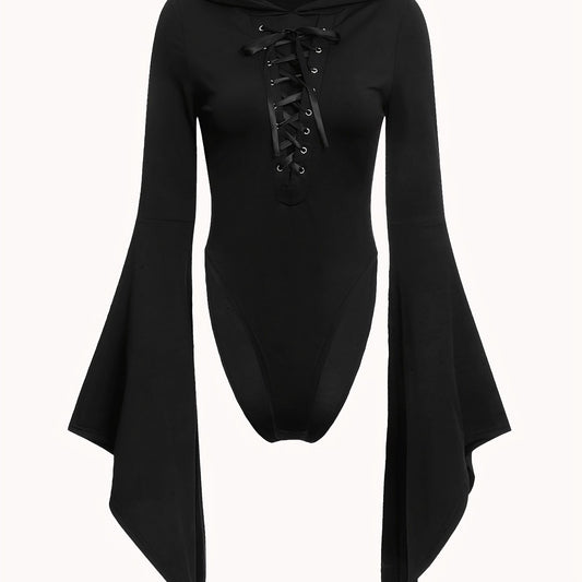 Gothic Drawstring Hooded Slim Bodysuit