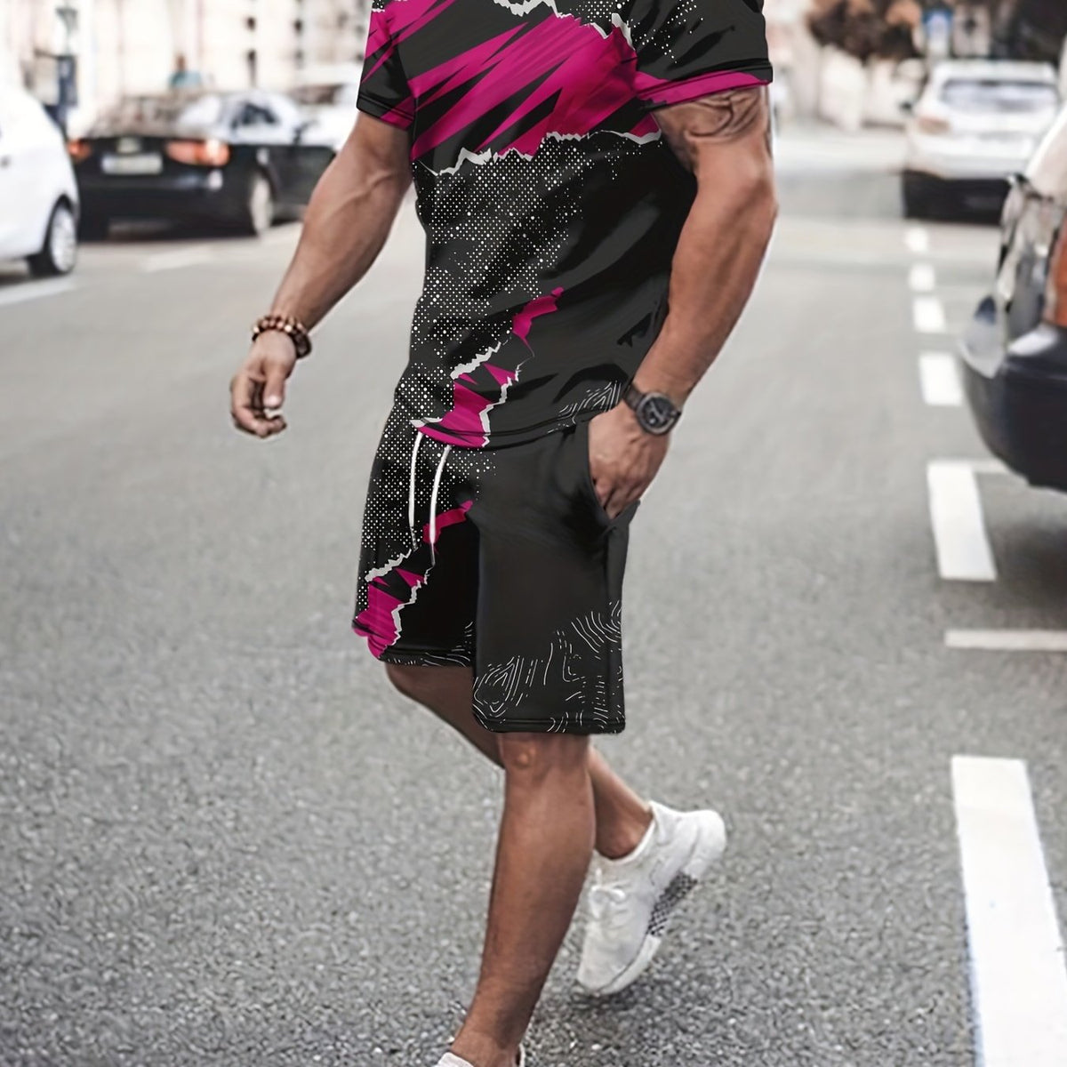 Men's Fashionable T-shirt & Stretch Shorts Set for Outdoor