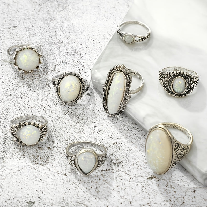 Vintage Opal Gemstone Stackable Knuckle Rings 8pcs Set