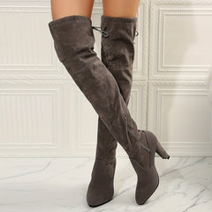 Women's Block Heel Over-The-Knee Boots Lace-Up Pointed Toe Solid