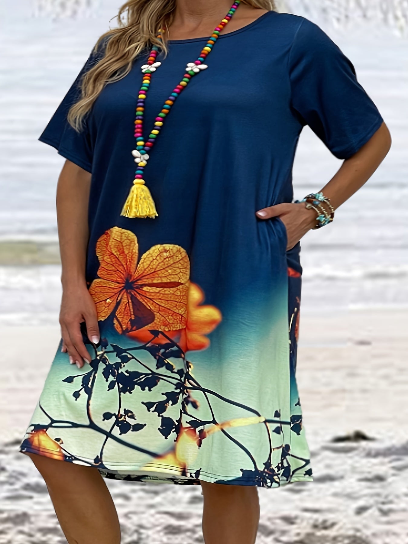  Floral Print Short Sleeve Tee Dress With Pockets
