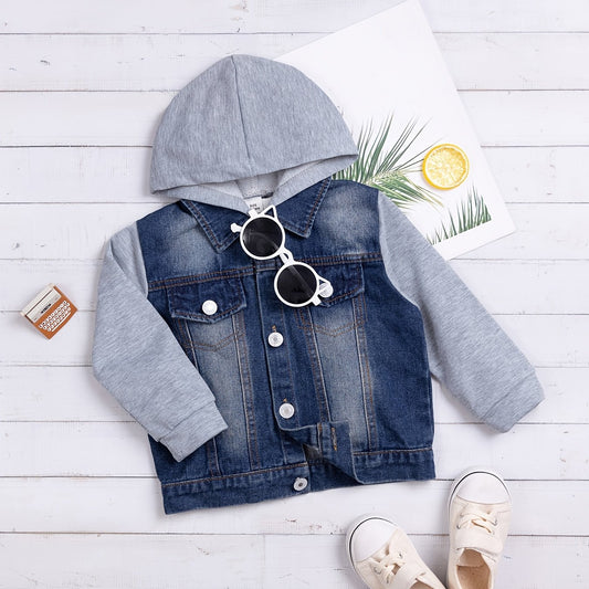 Baby Boys Denim Splicing Hooded Jacket Button Coat Toddler Clothes
