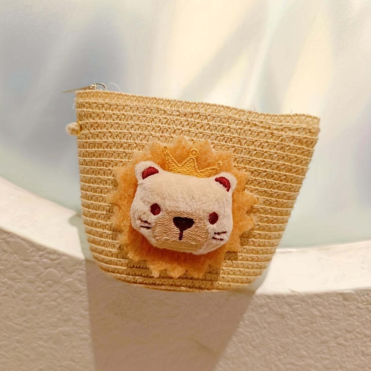 Straw Woven Diagonal Bag Lion Doll Mini Coin Purse