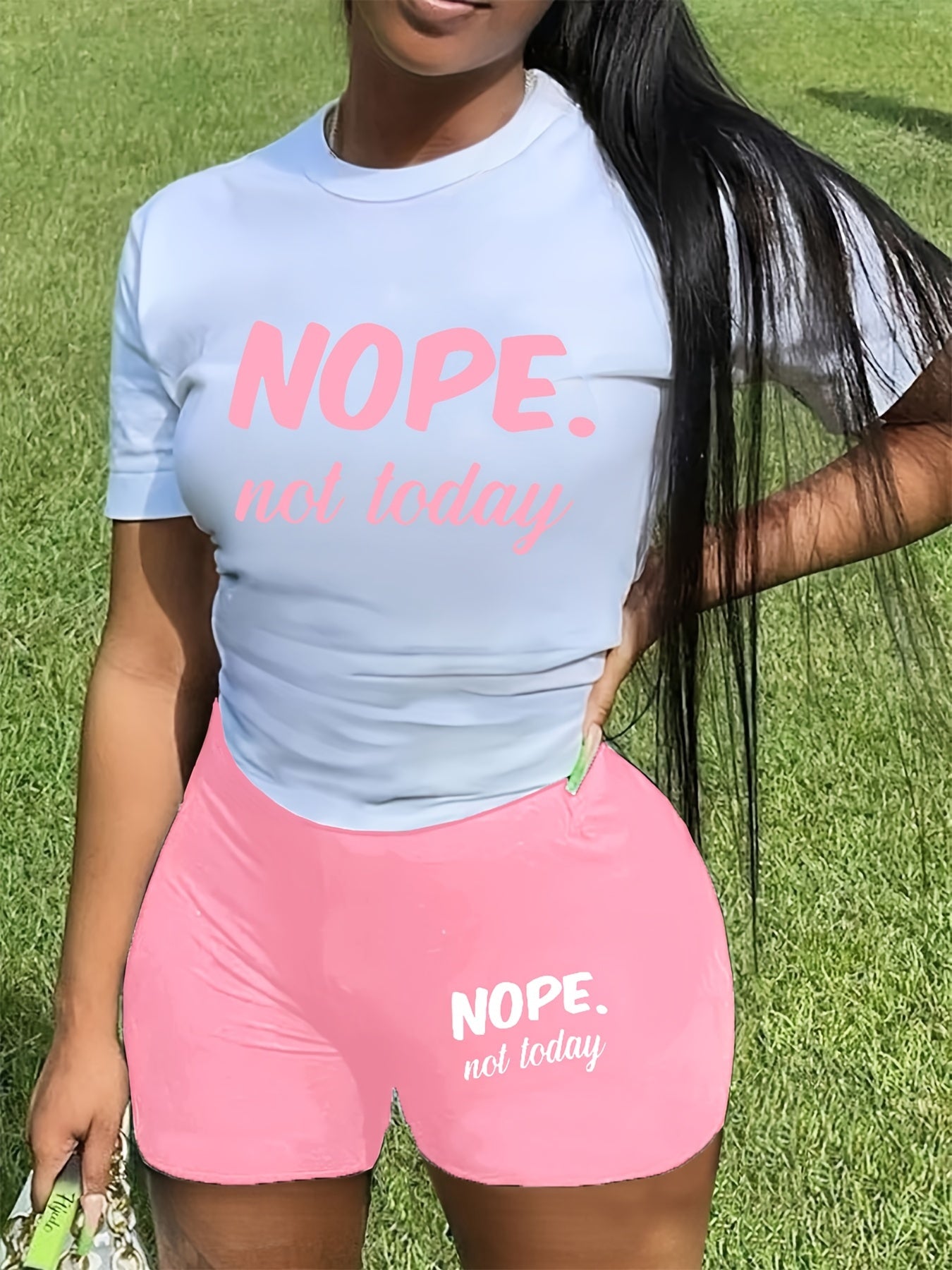 Not Today Letter Print Two piece Set Crew Neck Short Sleeve T shirt & Slim Short