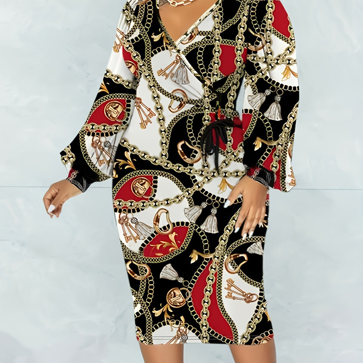  Baroque Print Surplice Neck Tie Midi Dress