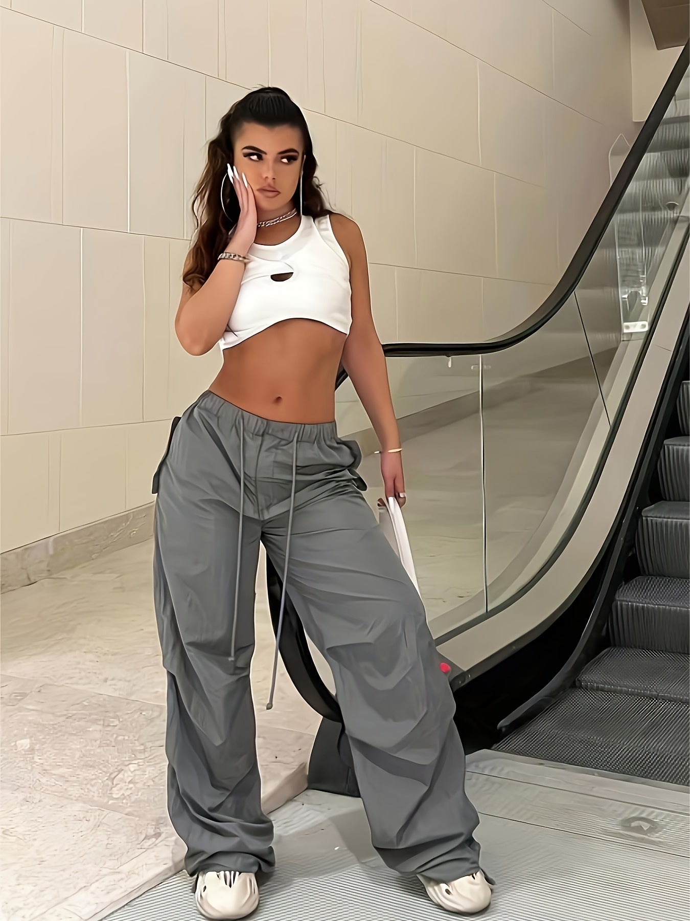  Drawstring High Rise Wide Leg Pants