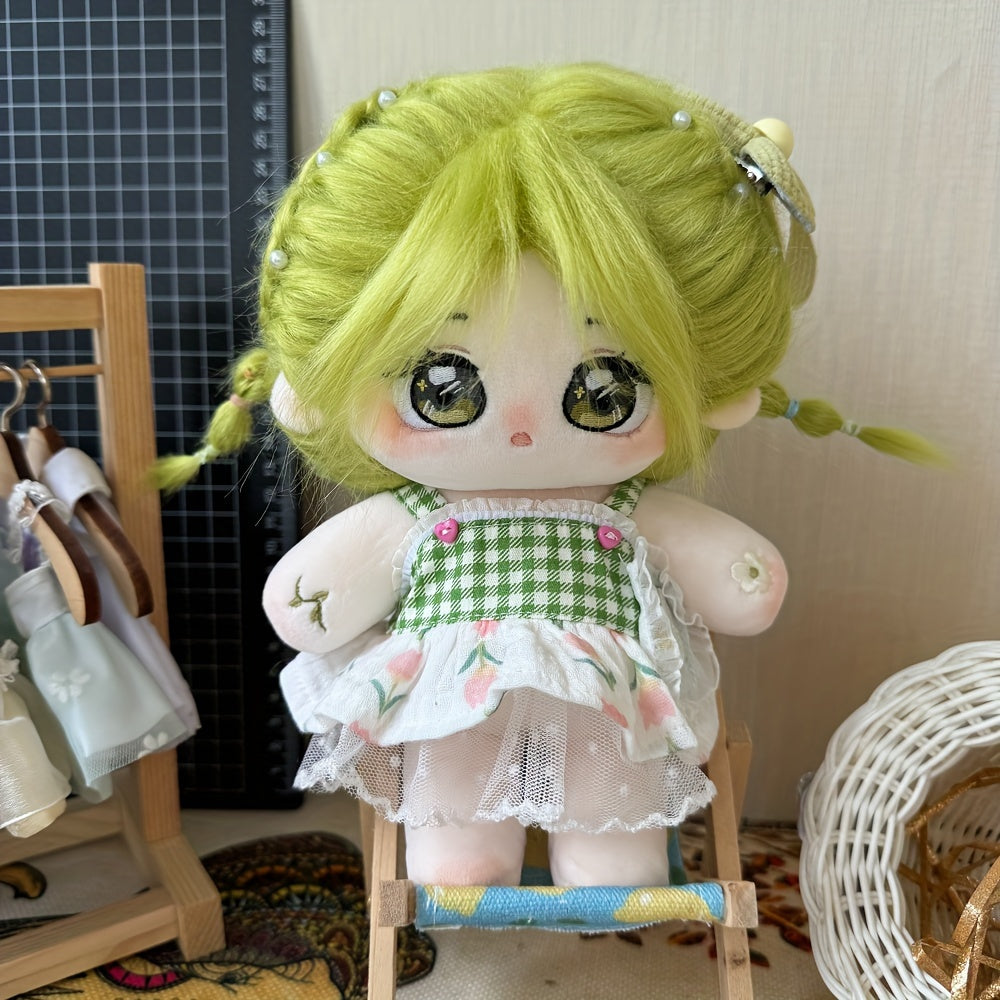 Adorable Green Curly Hair Plush Doll with Large Eyes & Pigtails