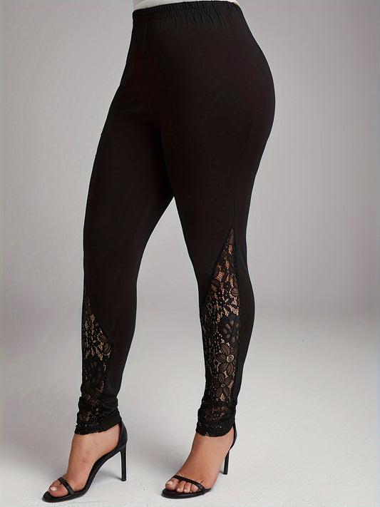  Casual Leggings Women's Plus Contrast Lace Solid Elastic