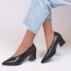Women's Snakeskin Pattern Court Pumps Slip-On Chunky Heels