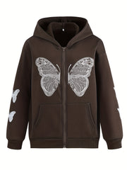 Butterfly Print Sweatshirt Y2K Zip Up Hoodie Casual Tops