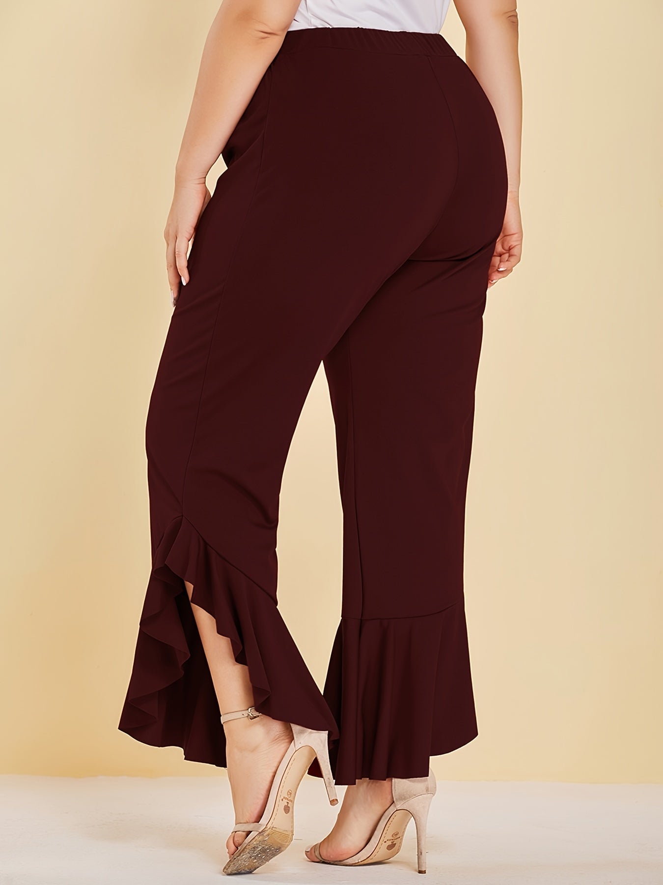  Ruffle Trim Split Pants Women's Plus Stretch Pants