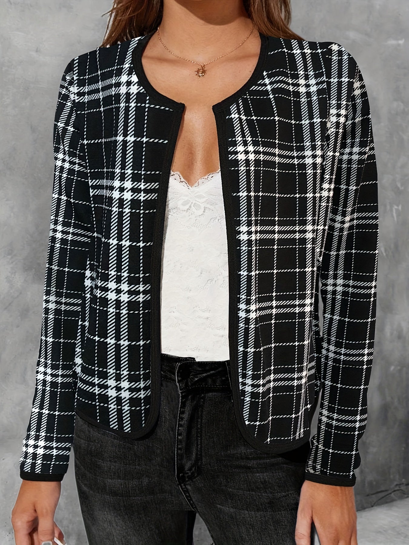 Plaid Print Crew Neck Jacket Open Front Long Sleeve Outerwear