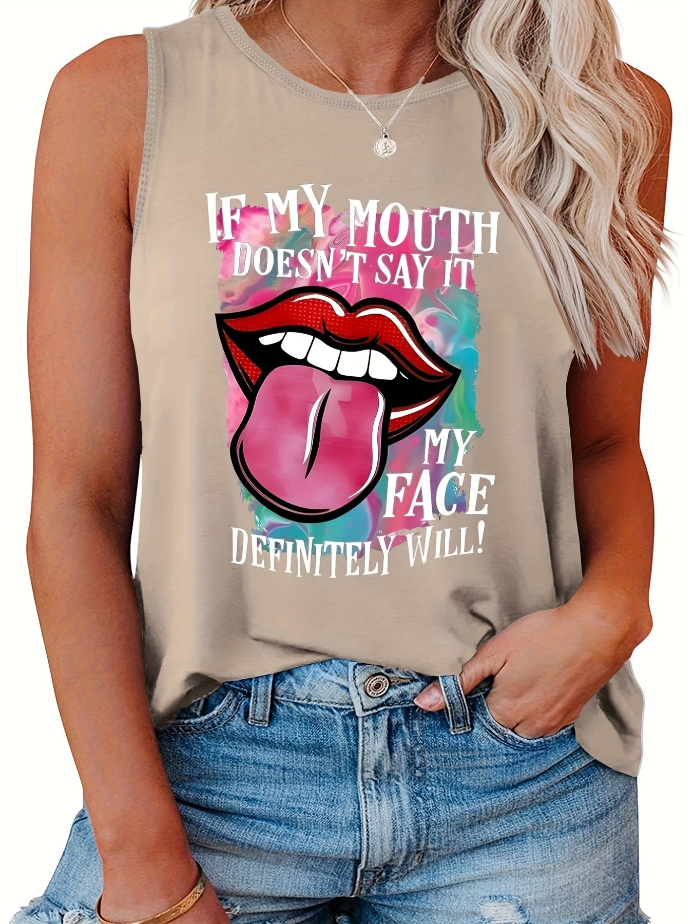  Casual Tank Top Women's Plus Slogan & Lip Print Round Neck Tank Top