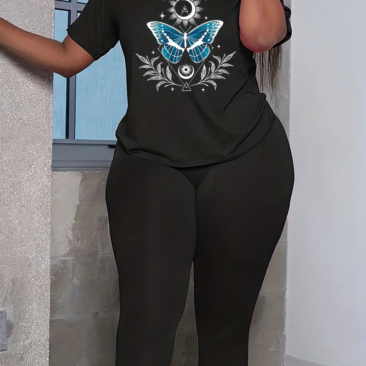  Butterfly & Sun Print Tee & Leggings Set