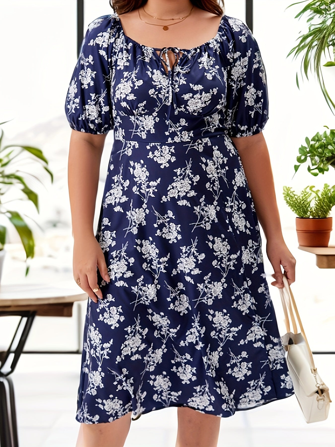  Floral Bubble Sleeve Square Neck Knot Midi Dress