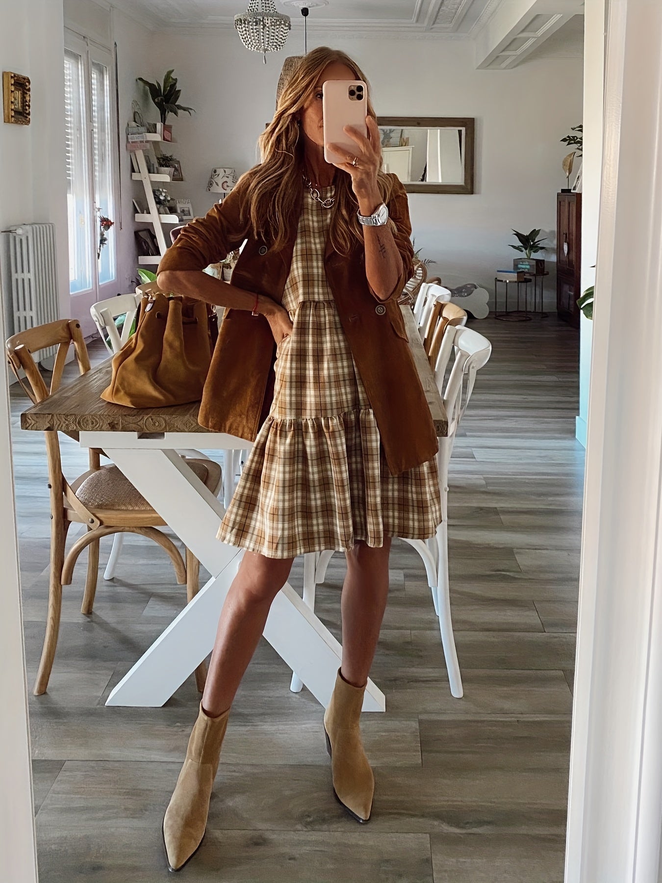  Plaid Print Lantern Sleeve Smock Mini Dress