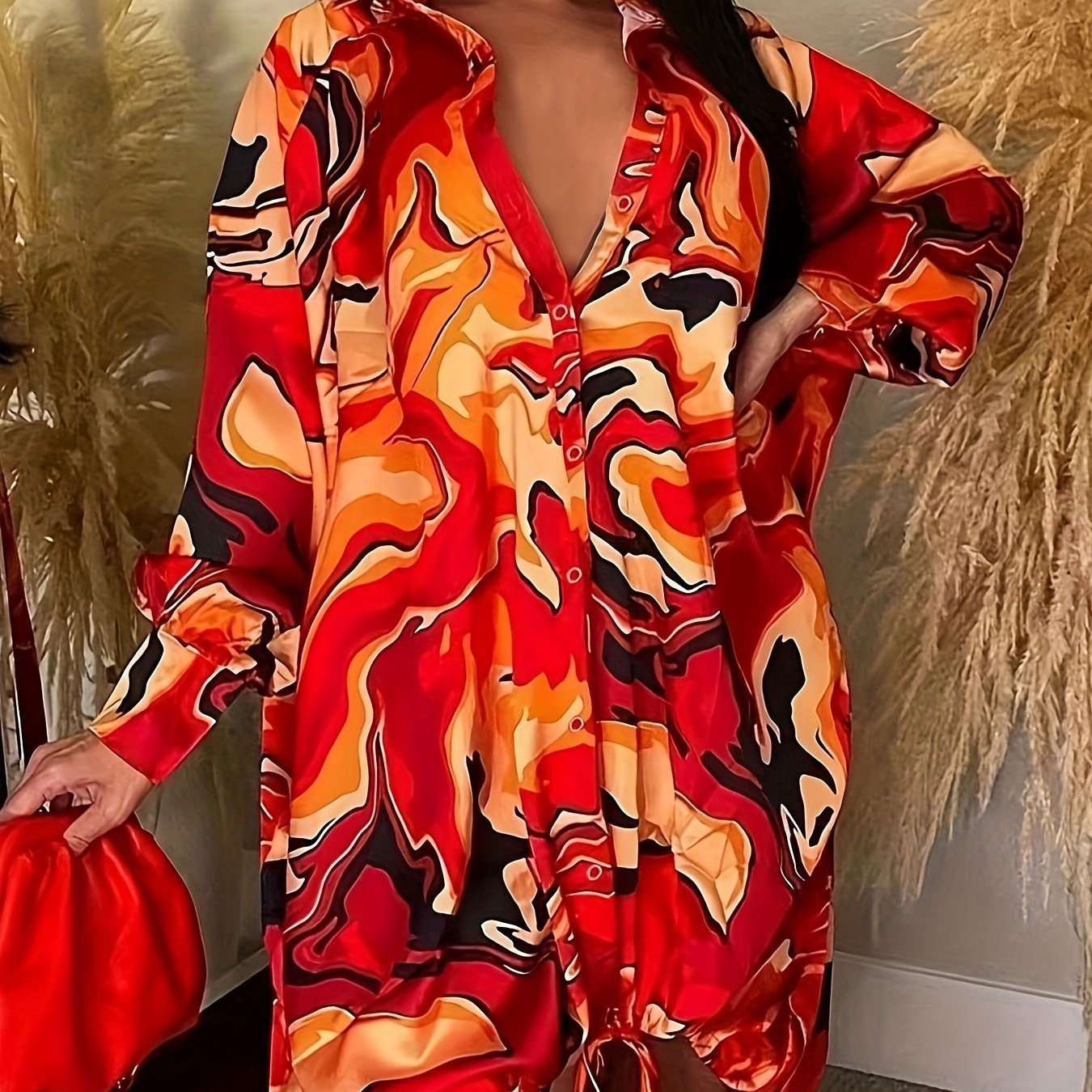 Women's Plus Marble Print Button Up Collar Dress
