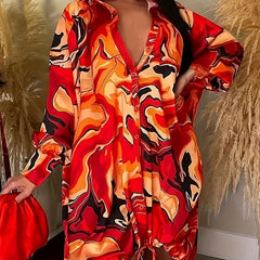 Women's Plus Marble Print Button Up Collar Dress