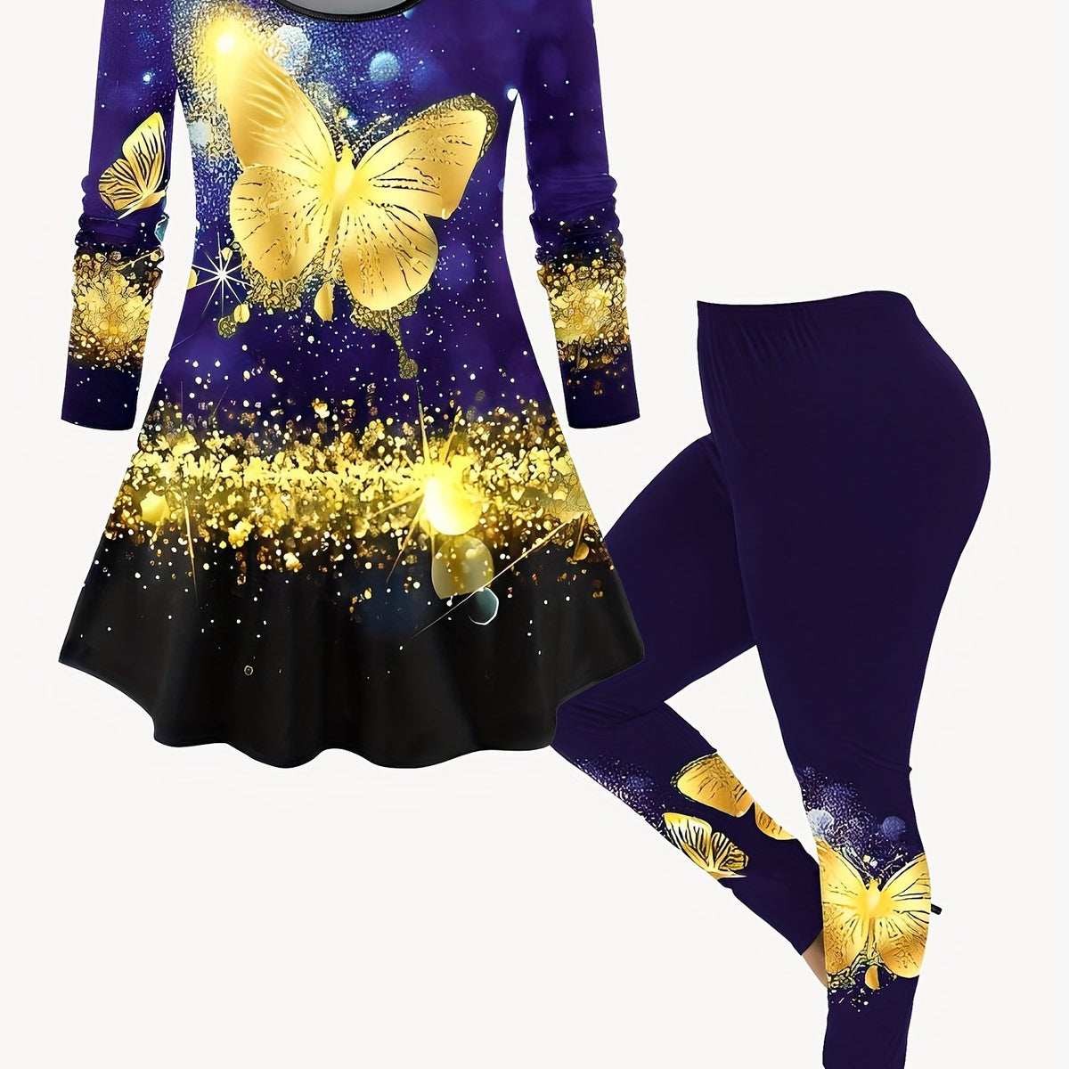 Women's Plus Butterfly Print Top & Leggings Outfit Set