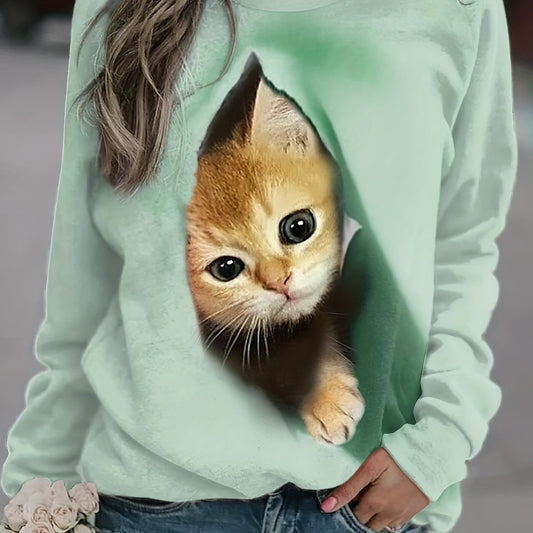 Cat Print Pullover Sweatshirt Long Sleeve Crew Neck Sweatshirt