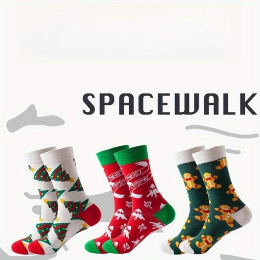3 Pairs Christmas Print Socks Comfy & Breathable Mid Tube Women's Stockings