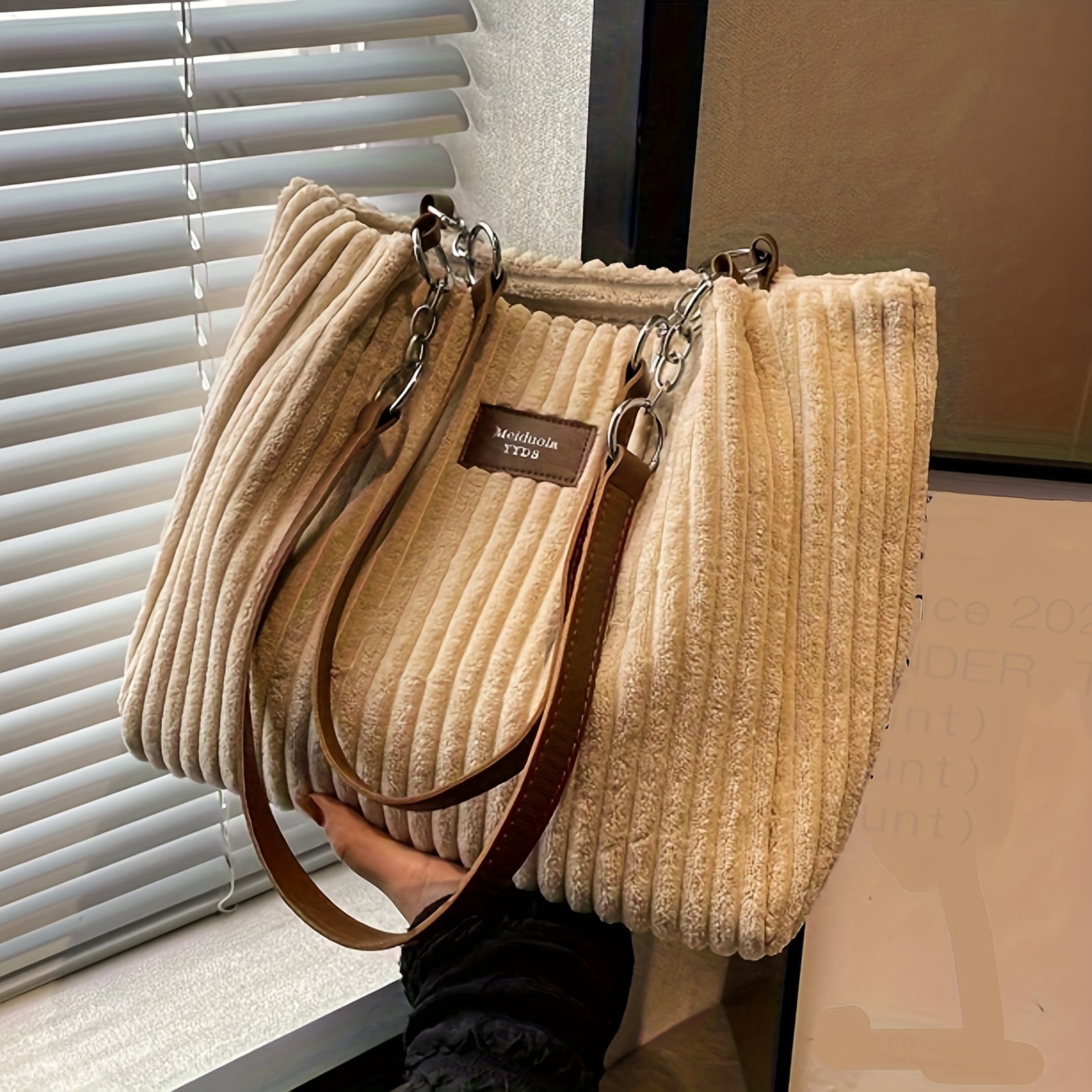 Stylish Corduroy Shoulder Bag for Women Zip Closure Fixed Strap