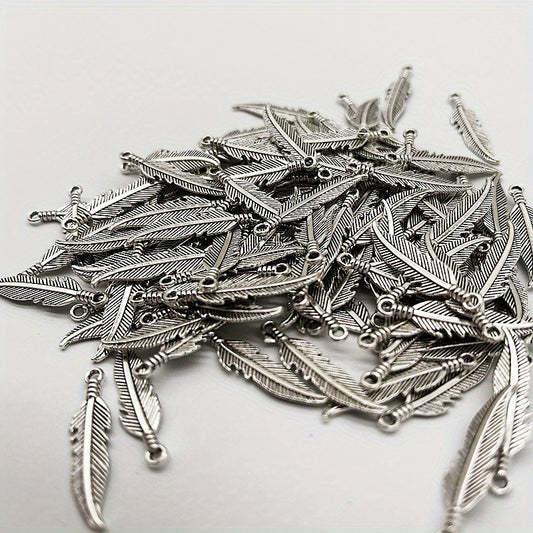 50pcs Double Sided Feather Charms Antique Silver Pendant