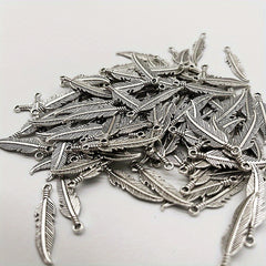 50pcs Double Sided Feather Charms Antique Silver Pendant