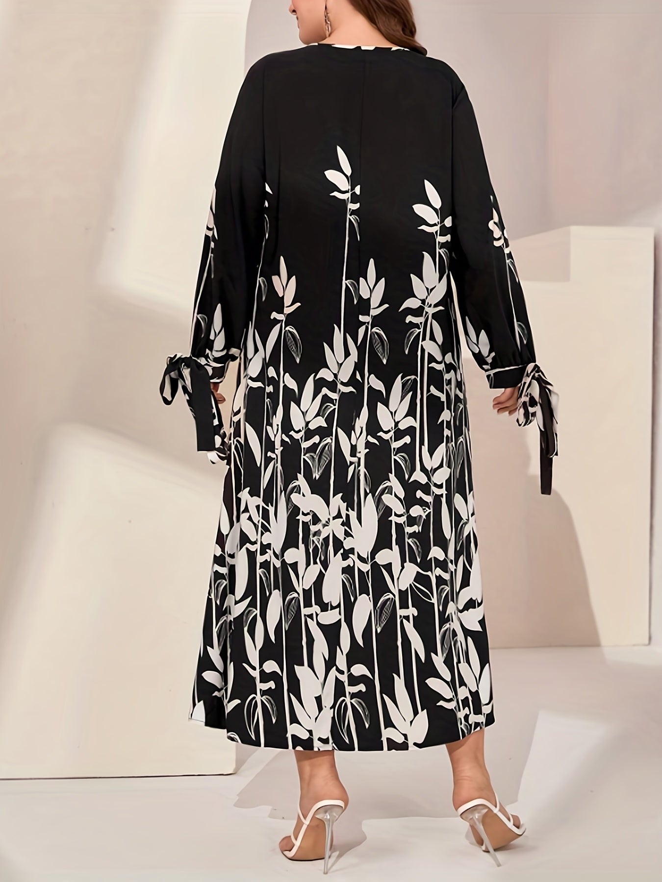  Colorblock Floral Print Round Neck Pleated Dress