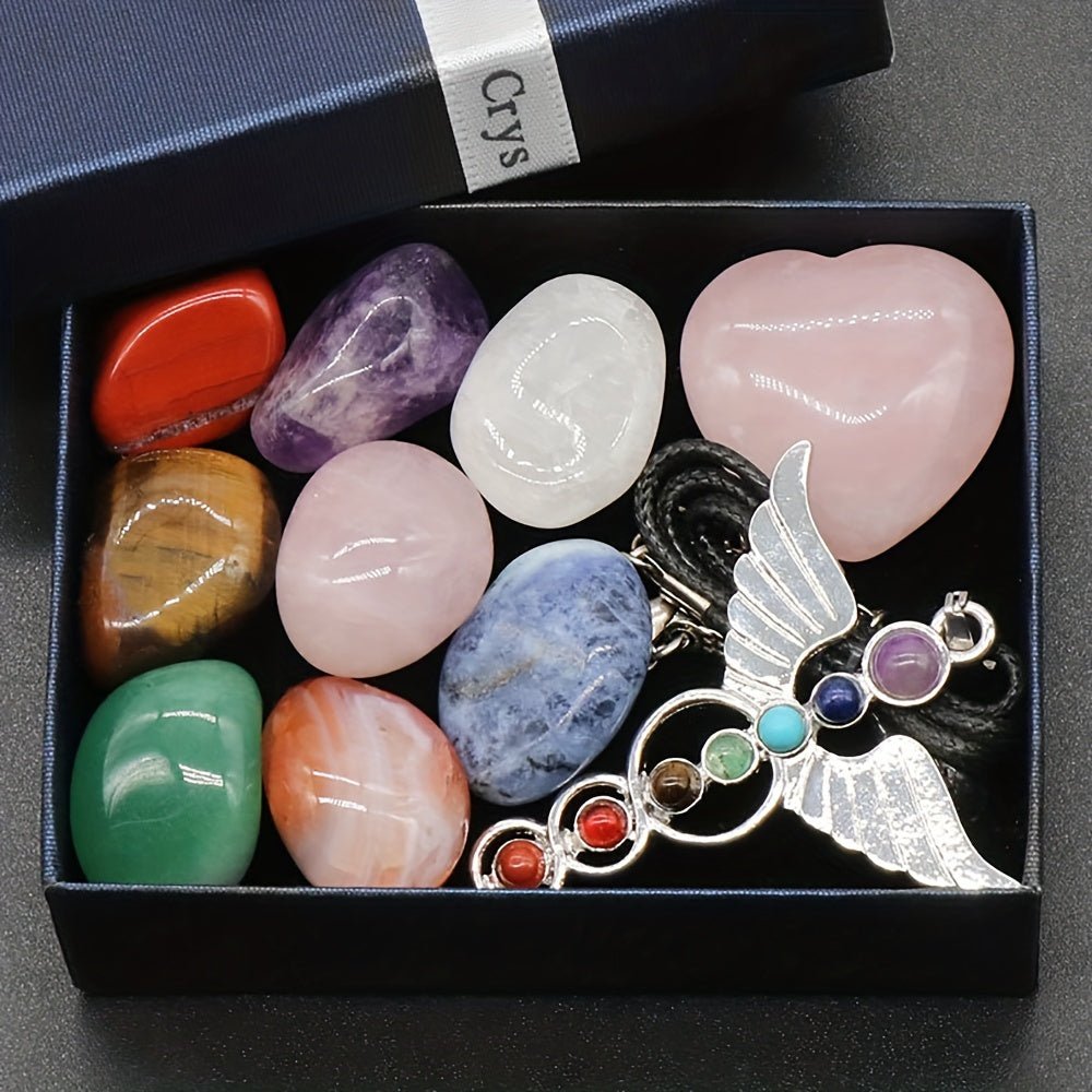 7 Chakra Angel Wing Pendant Rose Quartz Set