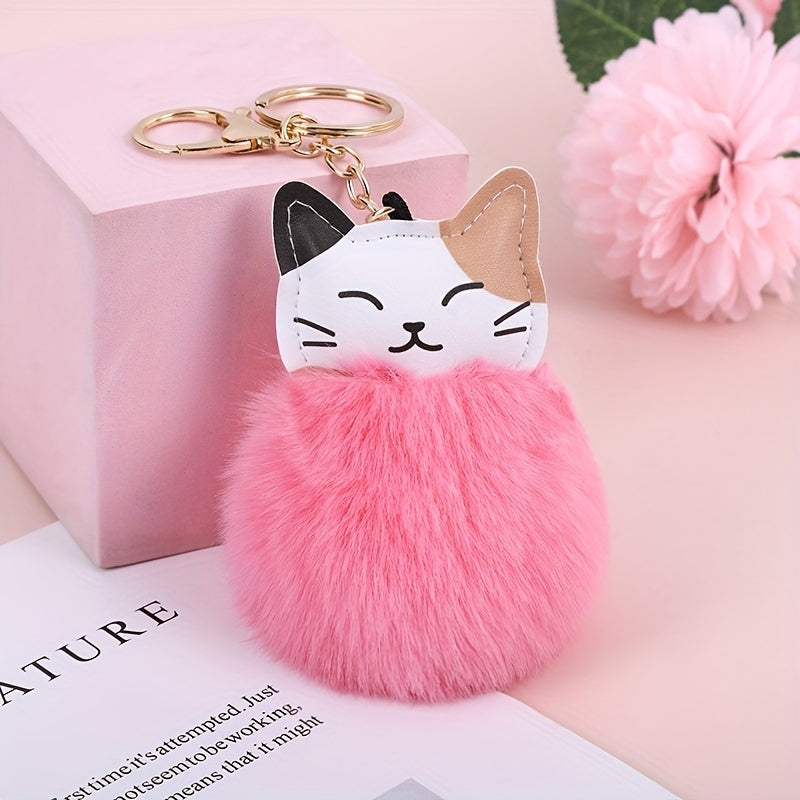 Cat Pom Plush Keychain Cartoon Animal Bag Key Chain Keyring Ornament