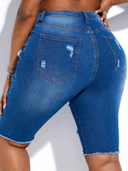  Solid Ripped Fringe Trim Skinny Denim Shorts