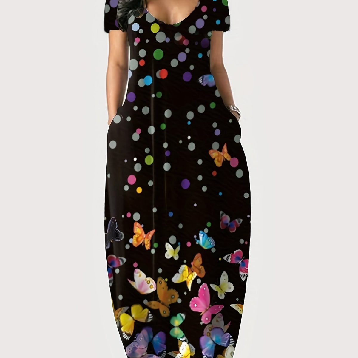  Butterfly & Dot Print Short Sleeve V Neck Maxi Dress With Pockets