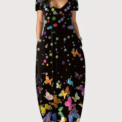  Butterfly & Dot Print Short Sleeve V Neck Maxi Dress With Pockets